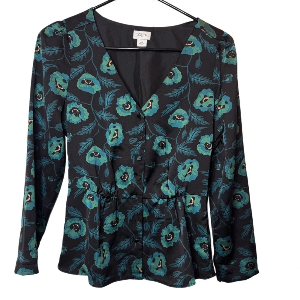 JCrew Satin Crepe Peplum Poppy Print Blouse‎ Size 00